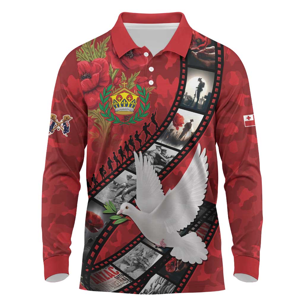 Personalised Tonga ANZAC 1915-2026 Filmstrip Long Sleeve Polo Shirt Lest We Forget 25 April