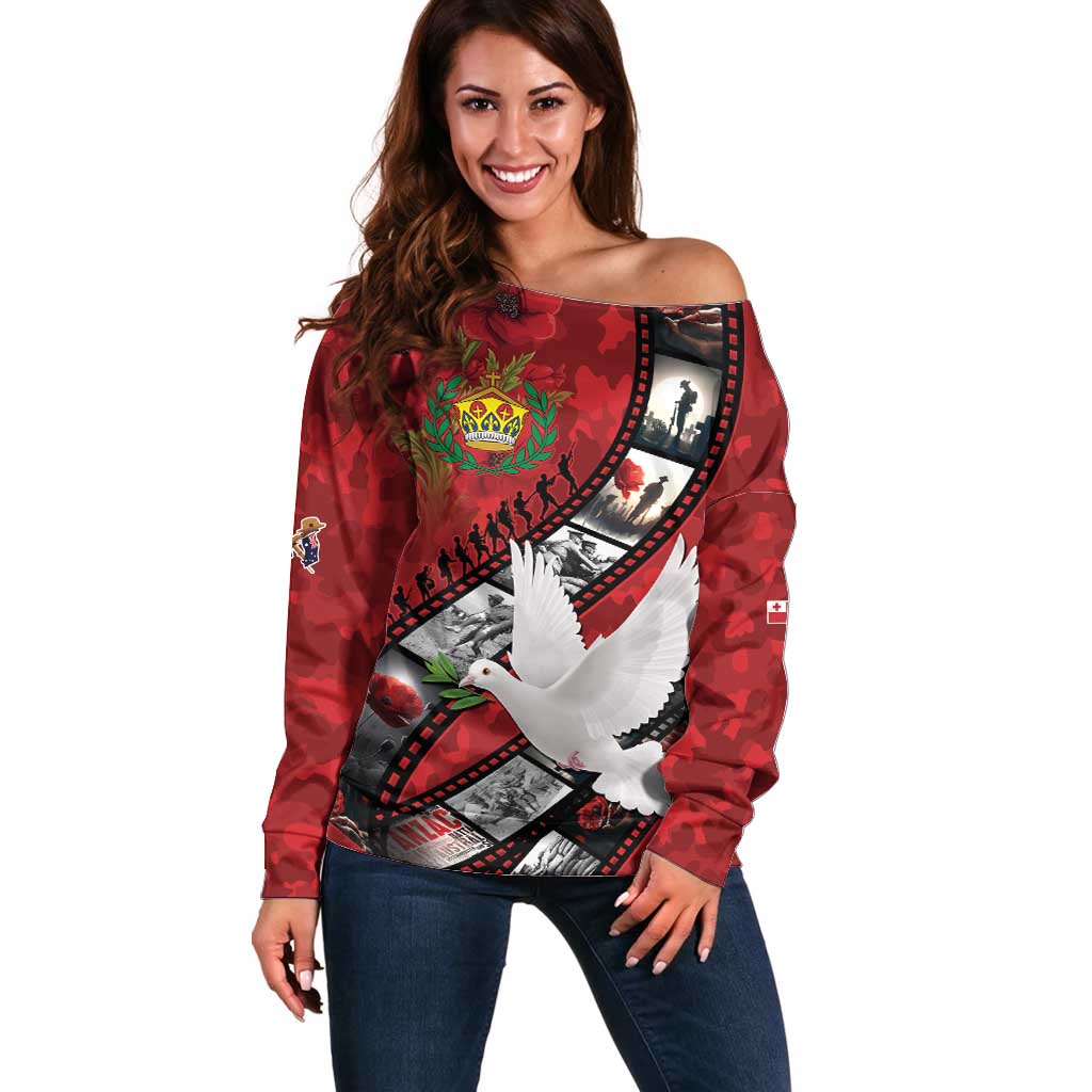 Personalised Tonga ANZAC 1915-2026 Filmstrip Off Shoulder Sweater Lest We Forget 25 April