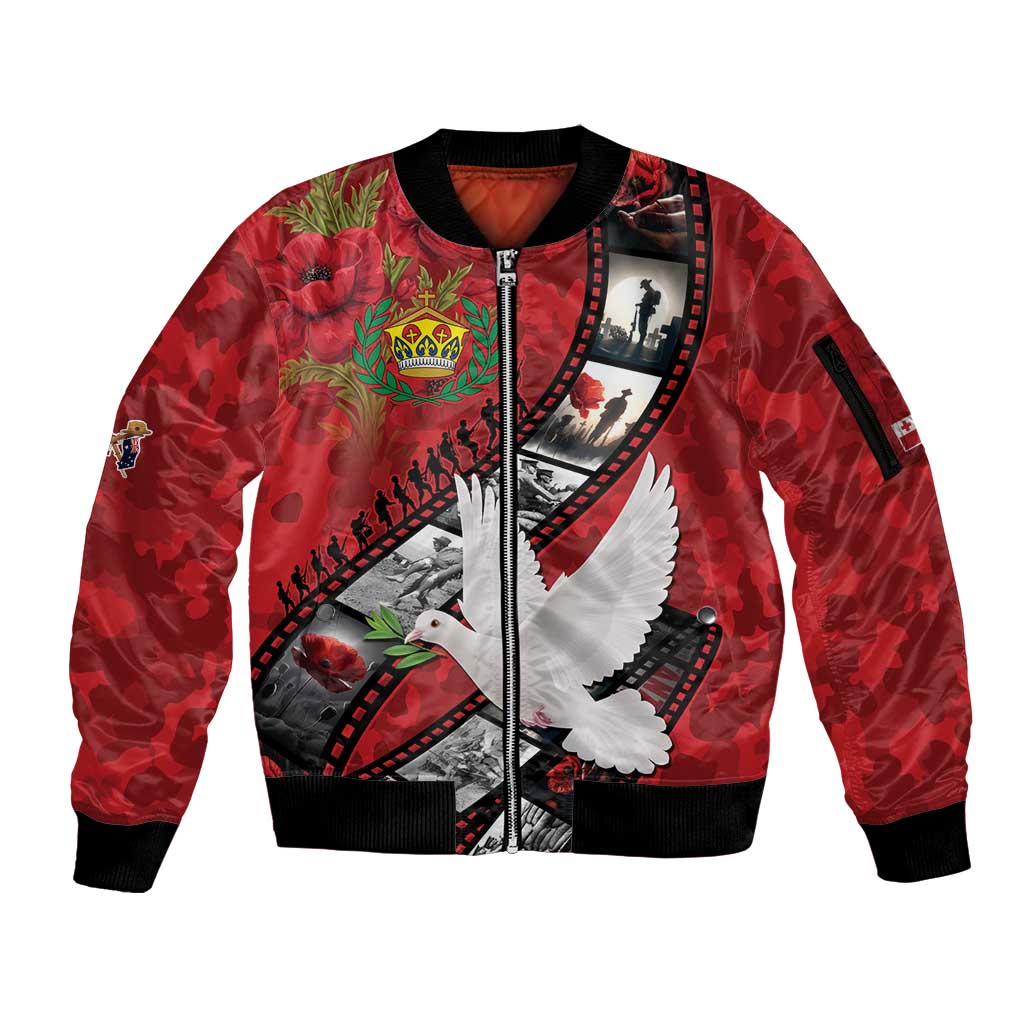 Personalised Tonga ANZAC 1915-2026 Filmstrip Sleeve Zip Bomber Jacket Lest We Forget 25 April