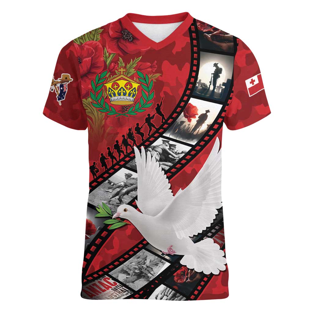 Personalised Tonga ANZAC 1915-2026 Filmstrip Women V-Neck T-Shirt Lest We Forget 25 April
