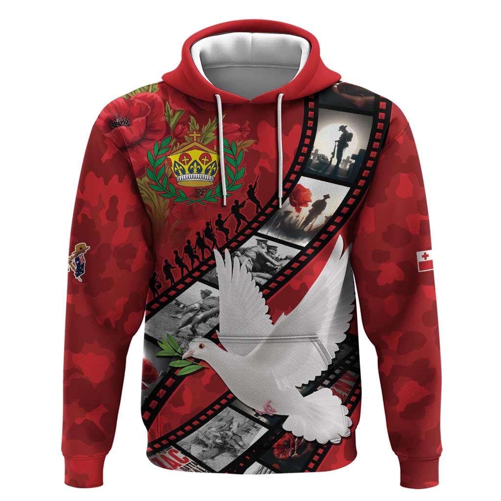 Personalised Tonga ANZAC 1915-2026 Filmstrip Zip Hoodie Lest We Forget 25 April LT9 Pullover Hoodie Red - Polynesian Pride