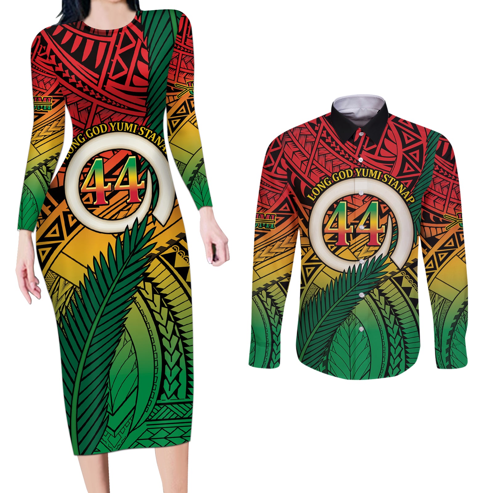 Personalised Vanuatu Yumi 44th Indipendens Dei Couples Matching Long Sleeve Bodycon Dress and Long Sleeve Button Shirt Vanuatuan Broad Tusk with Polynesian Tribal