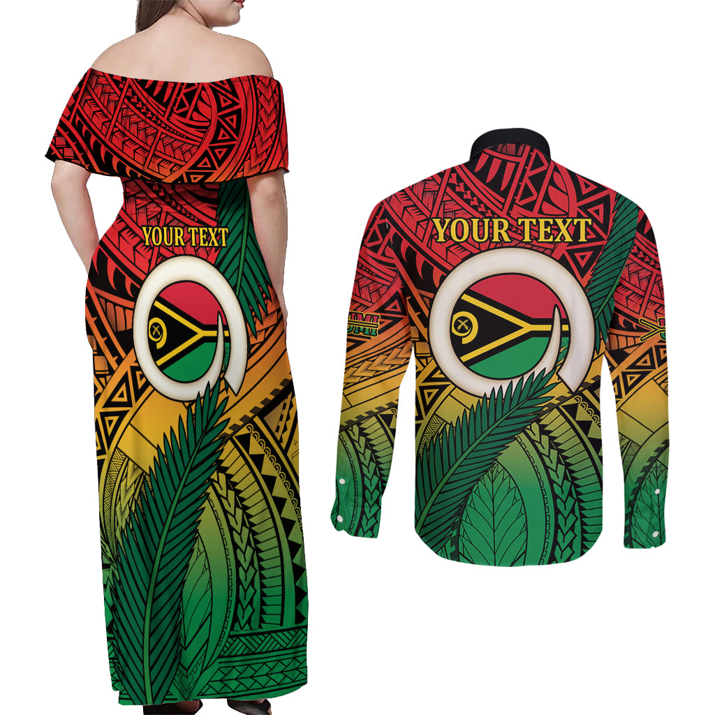 Personalised Vanuatu Yumi 44th Indipendens Dei Couples Matching Off Shoulder Maxi Dress and Long Sleeve Button Shirt Vanuatuan Broad Tusk with Polynesian Tribal