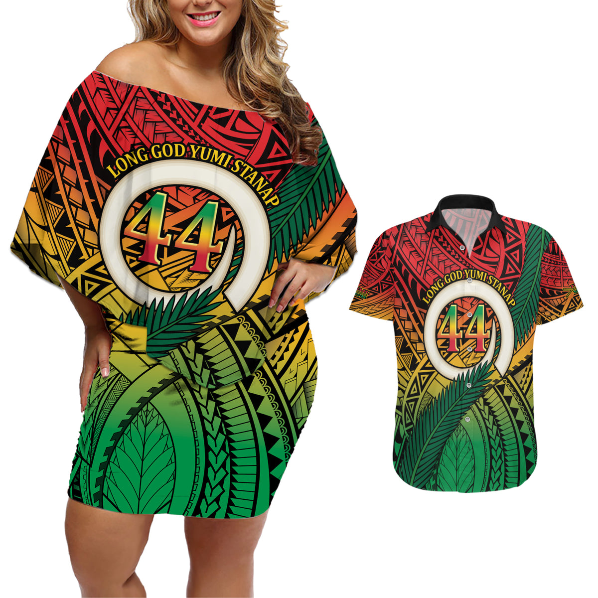Personalised Vanuatu Yumi 44th Indipendens Dei Couples Matching Off Shoulder Short Dress and Hawaiian Shirt Vanuatuan Broad Tusk with Polynesian Tribal
