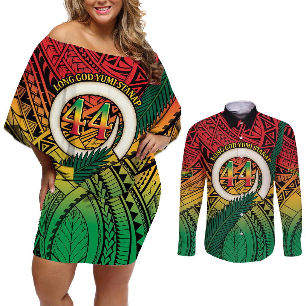 Personalised Vanuatu Yumi 44th Indipendens Dei Couples Matching Off Shoulder Short Dress and Long Sleeve Button Shirt Vanuatuan Broad Tusk with Polynesian Tribal