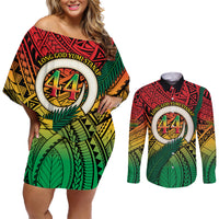 Personalised Vanuatu Yumi 44th Indipendens Dei Couples Matching Off Shoulder Short Dress and Long Sleeve Button Shirt Vanuatuan Broad Tusk with Polynesian Tribal