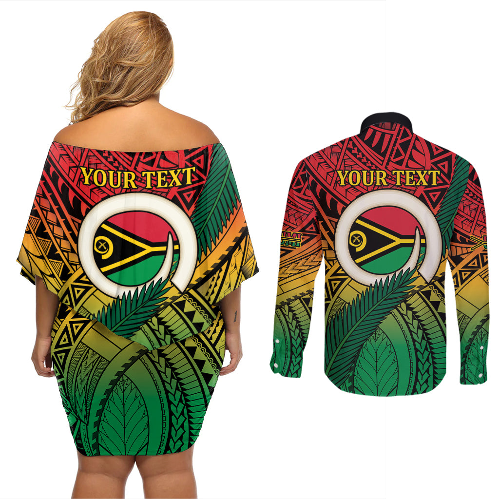 Personalised Vanuatu Yumi 44th Indipendens Dei Couples Matching Off Shoulder Short Dress and Long Sleeve Button Shirt Vanuatuan Broad Tusk with Polynesian Tribal