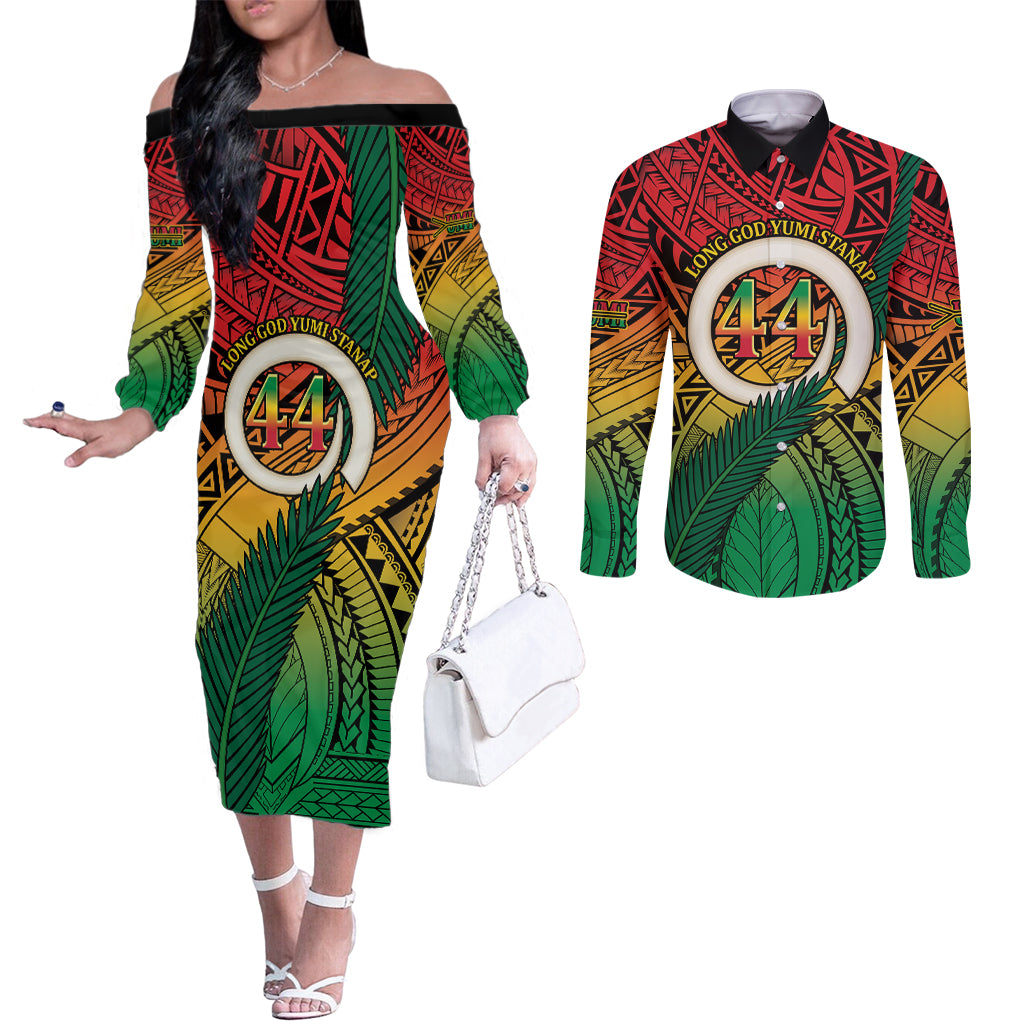Personalised Vanuatu Yumi 44th Indipendens Dei Couples Matching Off The Shoulder Long Sleeve Dress and Long Sleeve Button Shirt Vanuatuan Broad Tusk with Polynesian Tribal