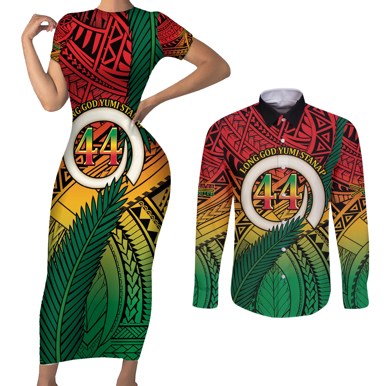 Personalised Vanuatu Yumi 44th Indipendens Dei Couples Matching Short Sleeve Bodycon Dress and Long Sleeve Button Shirt Vanuatuan Broad Tusk with Polynesian Tribal
