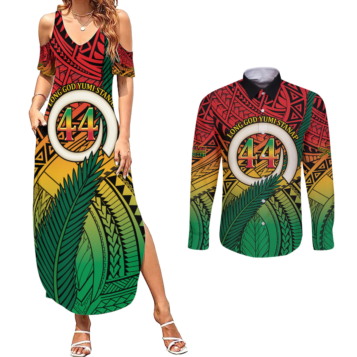 Personalised Vanuatu Yumi 44th Indipendens Dei Couples Matching Summer Maxi Dress and Long Sleeve Button Shirt Vanuatuan Broad Tusk with Polynesian Tribal