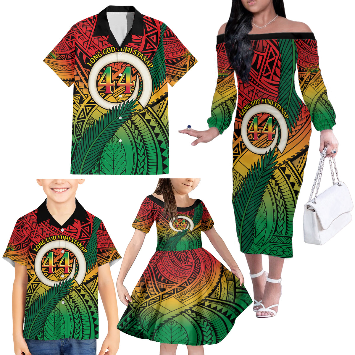 Personalised Vanuatu Yumi 44th Indipendens Dei Family Matching Off The Shoulder Long Sleeve Dress and Hawaiian Shirt Vanuatuan Broad Tusk with Polynesian Tribal LT9 - Polynesian Pride