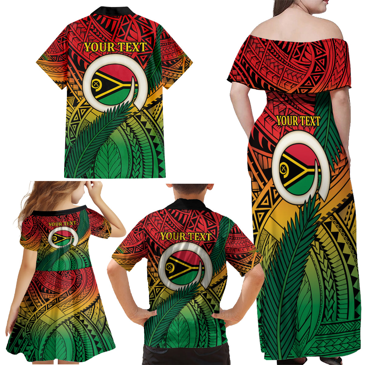 Personalised Vanuatu Yumi 44th Indipendens Dei Family Matching Off Shoulder Maxi Dress and Hawaiian Shirt Vanuatuan Broad Tusk with Polynesian Tribal