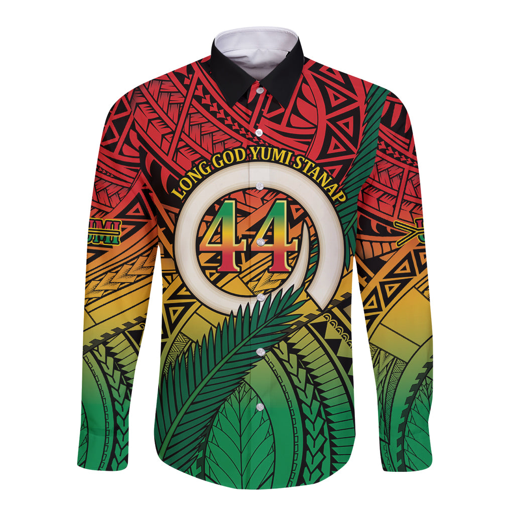 Personalised Vanuatu Yumi 44th Indipendens Dei Long Sleeve Button Shirt Vanuatuan Broad Tusk with Polynesian Tribal