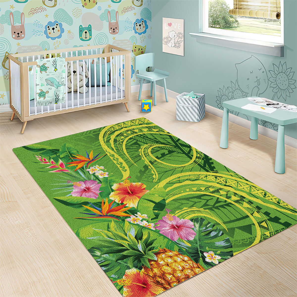 Polynesian Tribal Flower Tattoo Area Rug Special Lime Green Vibe