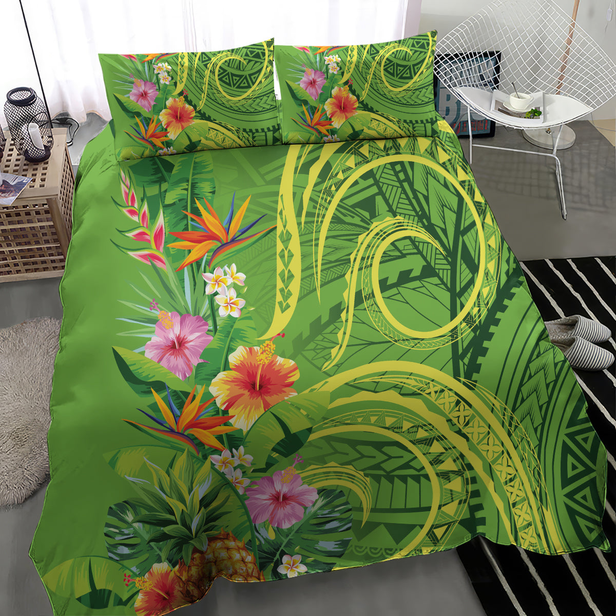 Polynesian Tribal Flower Tattoo Bedding Set Special Lime Green Vibe