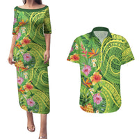 Polynesian Tribal Flower Tattoo Couples Matching Puletasi and Hawaiian Shirt Special Lime Green Vibe