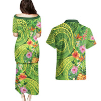 Polynesian Tribal Flower Tattoo Couples Matching Puletasi and Hawaiian Shirt Special Lime Green Vibe
