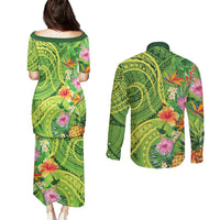 Polynesian Tribal Flower Tattoo Couples Matching Puletasi and Long Sleeve Button Shirt Special Lime Green Vibe