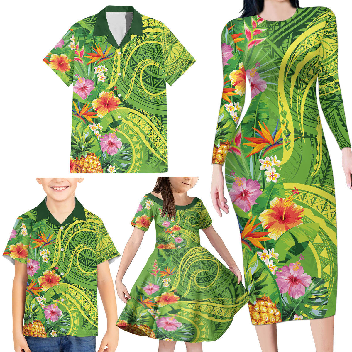 Polynesian Tribal Flower Tattoo Family Matching Long Sleeve Bodycon Dress and Hawaiian Shirt Special Lime Green Vibe