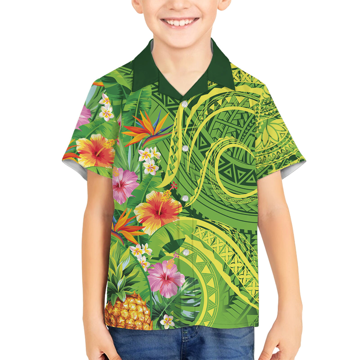Polynesian Tribal Flower Tattoo Family Matching Off Shoulder Short Dress and Hawaiian Shirt Special Lime Green Vibe