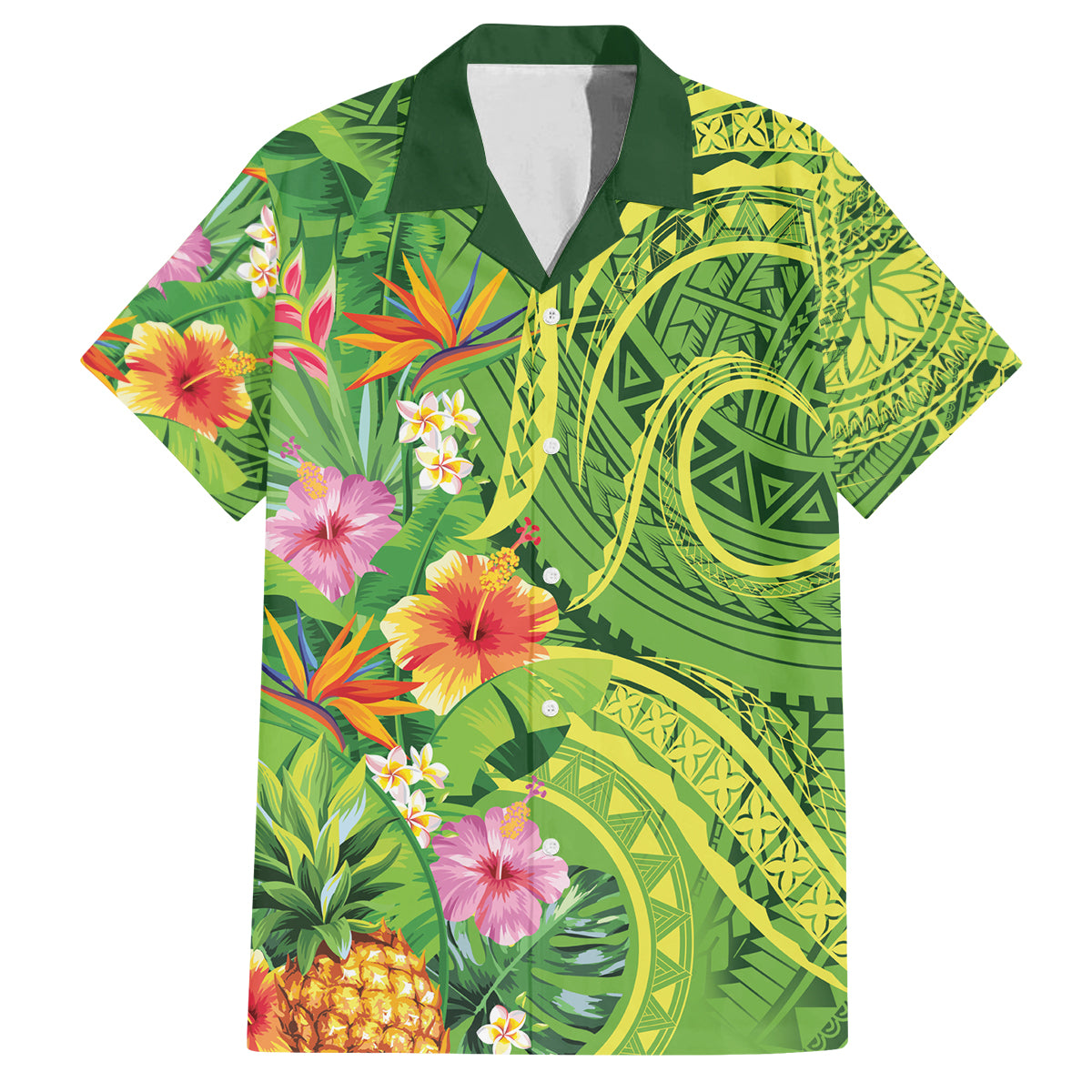 Polynesian Tribal Flower Tattoo Family Matching Puletasi and Hawaiian Shirt Special Lime Green Vibe LT9 Dad's Shirt - Short Sleeve Lime Green - Polynesian Pride