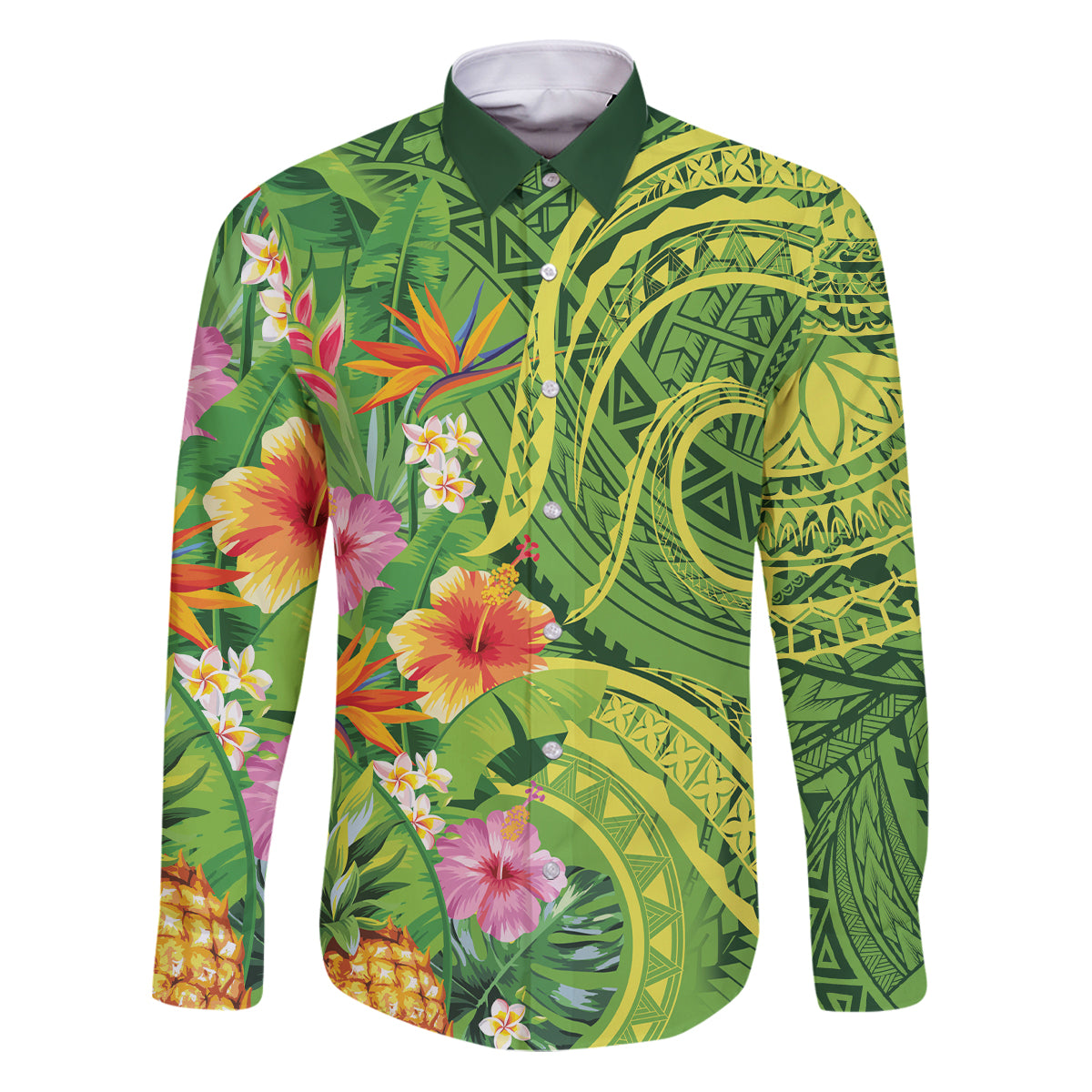 Polynesian Tribal Flower Tattoo Family Matching Puletasi and Hawaiian Shirt Special Lime Green Vibe LT9 Dad's Shirt - Long Sleeve Lime Green - Polynesian Pride