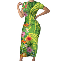 Polynesian Tribal Flower Tattoo Family Matching Short Sleeve Bodycon Dress and Hawaiian Shirt Special Lime Green Vibe