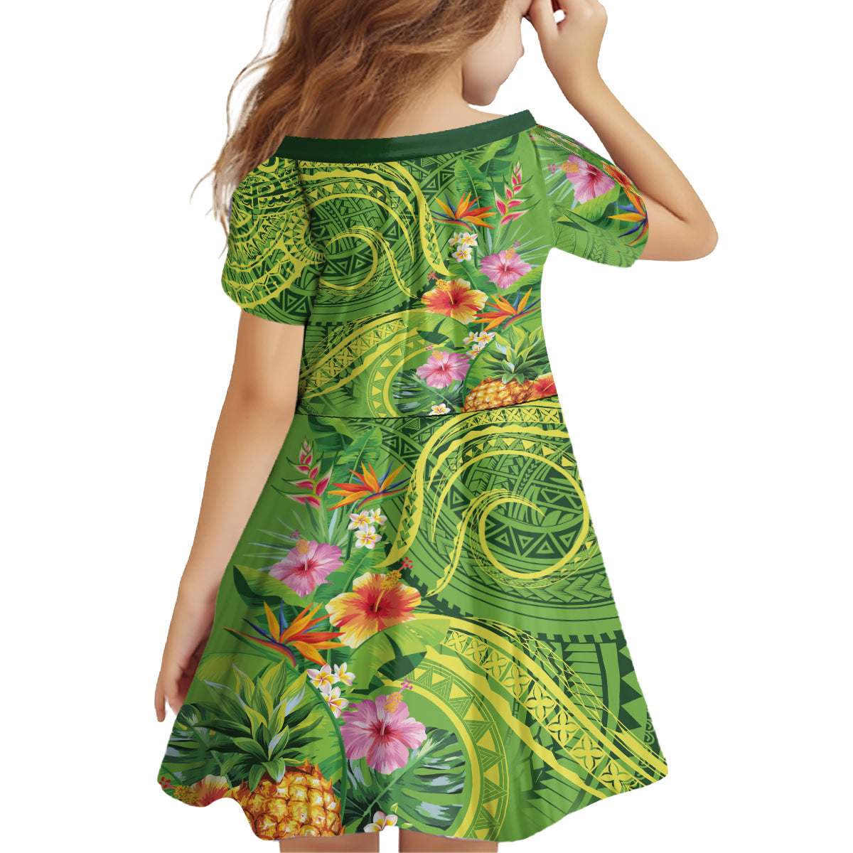 Polynesian Tribal Flower Tattoo Kid Short Sleeve Dress Special Lime Green Vibe
