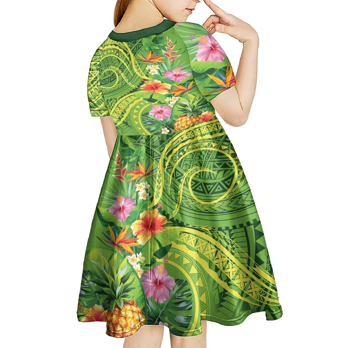 Polynesian Tribal Flower Tattoo Kid Short Sleeve Dress Special Lime Green Vibe