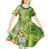 Polynesian Tribal Flower Tattoo Kid Short Sleeve Dress Special Lime Green Vibe