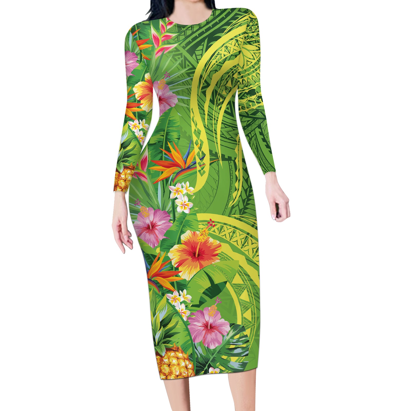 Polynesian Tribal Flower Tattoo Long Sleeve Bodycon Dress Special Lime Green Vibe LT9 Long Dress Lime Green - Polynesian Pride