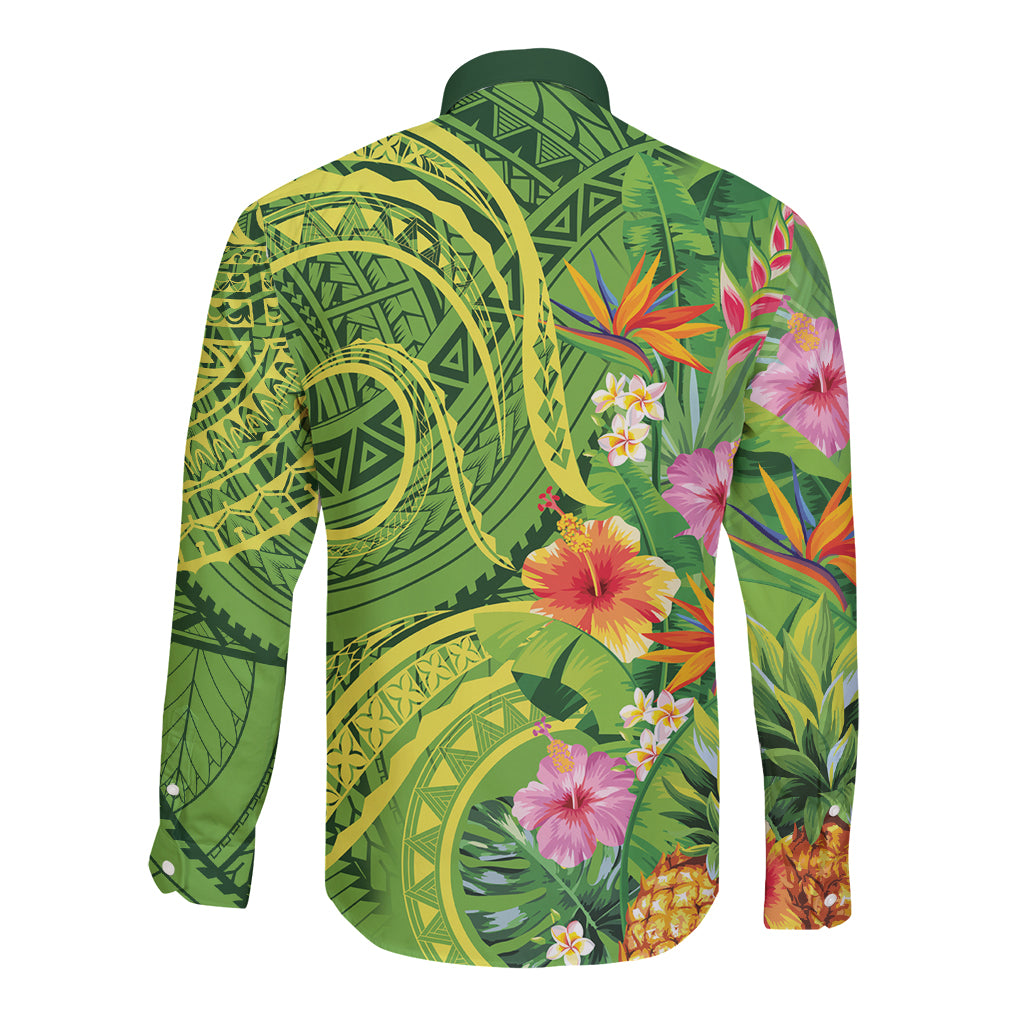 Polynesian Tribal Flower Tattoo Long Sleeve Button Shirt Special Lime Green Vibe