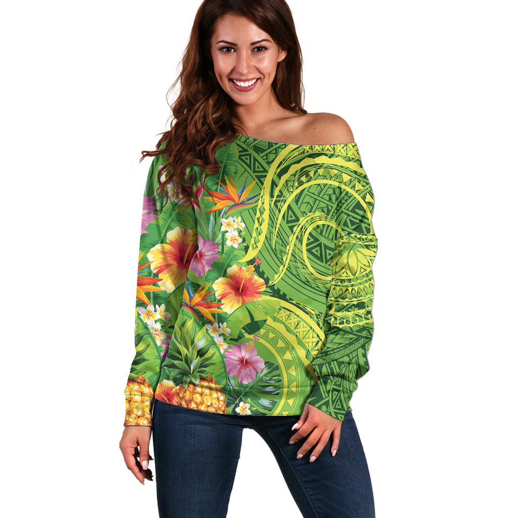 Polynesian Tribal Flower Tattoo Off Shoulder Sweater Special Lime Green Vibe LT9 Women Lime Green - Polynesian Pride