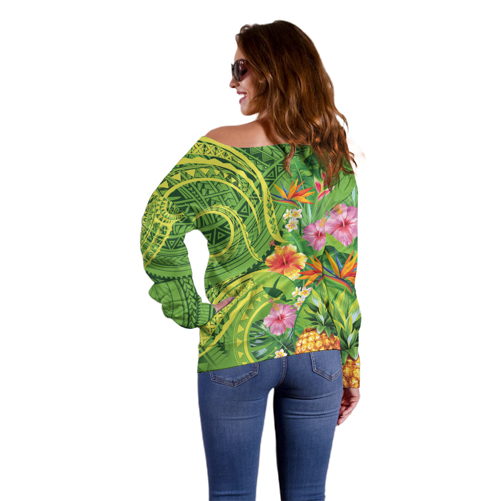 Polynesian Tribal Flower Tattoo Off Shoulder Sweater Special Lime Green Vibe