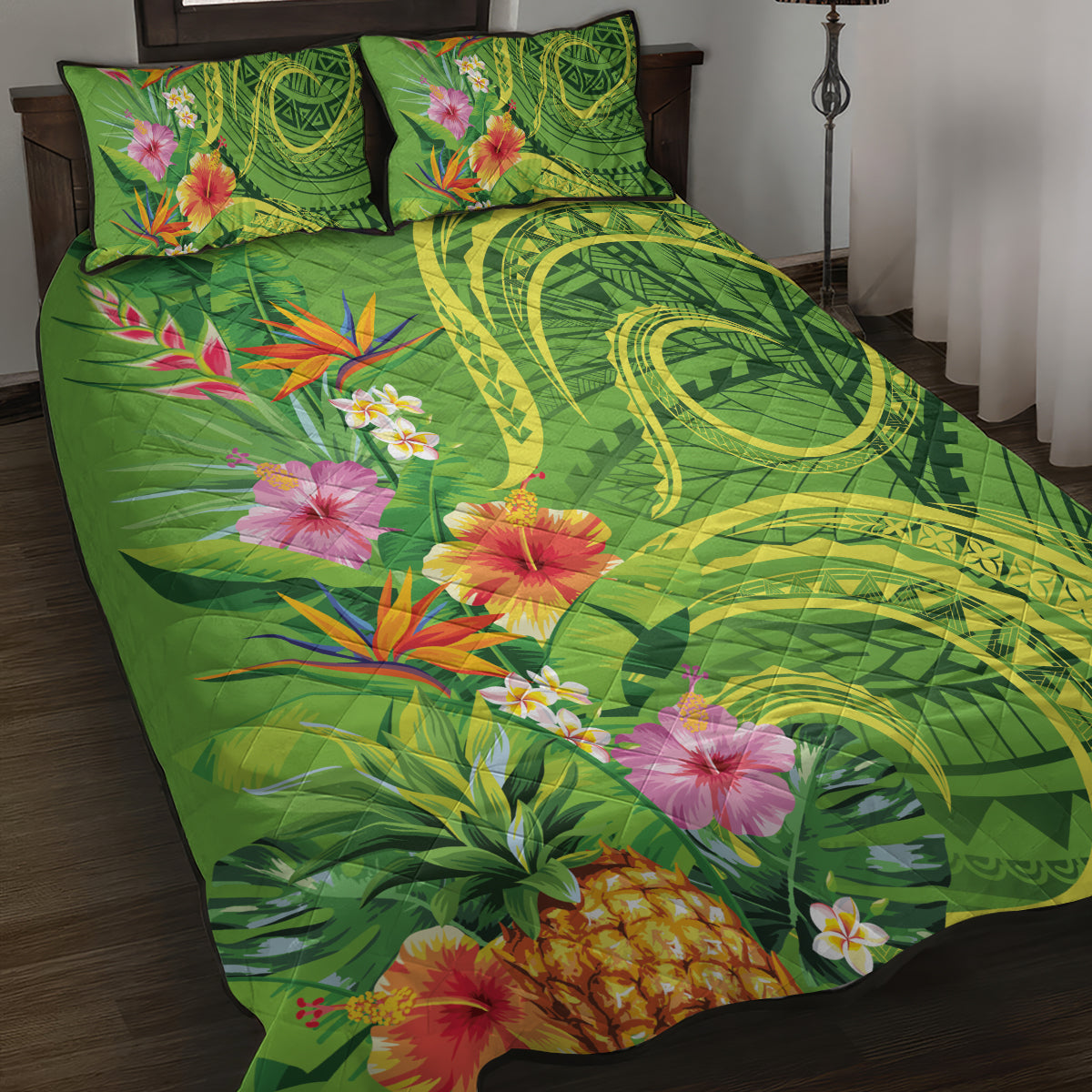 Polynesian Tribal Flower Tattoo Quilt Bed Set Special Lime Green Vibe LT9 Lime Green - Polynesian Pride