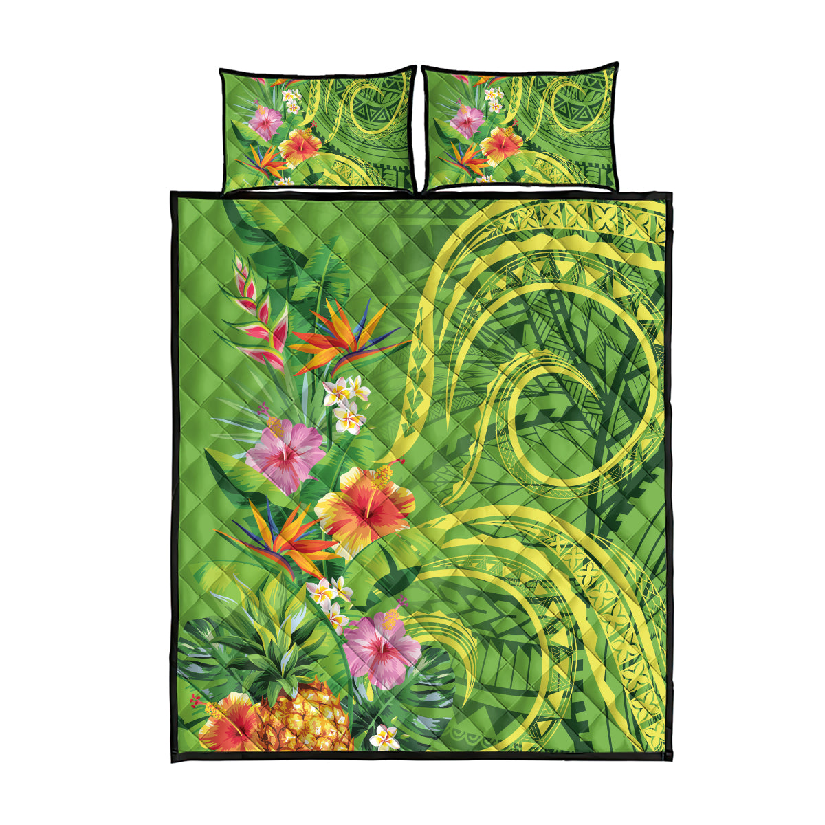 Polynesian Tribal Flower Tattoo Quilt Bed Set Special Lime Green Vibe