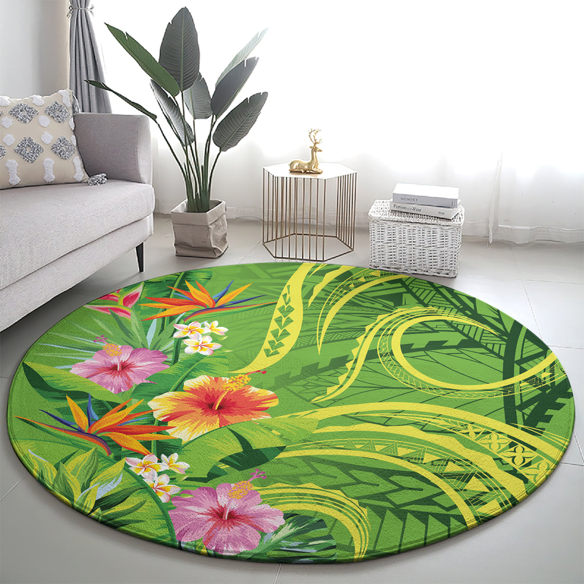 Polynesian Tribal Flower Tattoo Round Carpet Special Lime Green Vibe