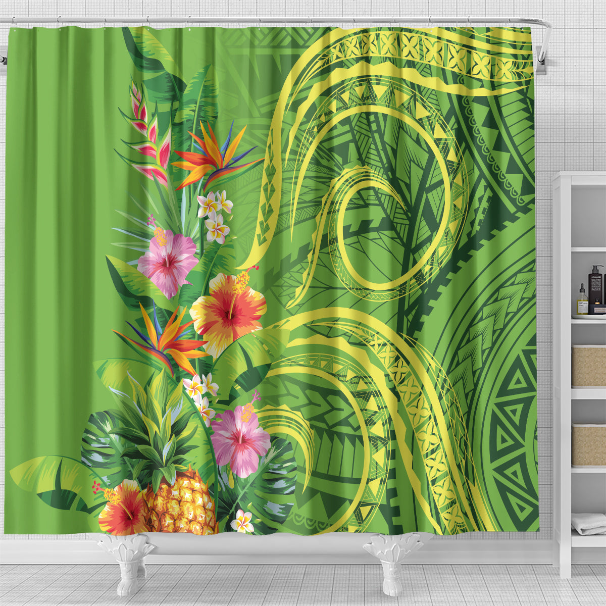 Polynesian Tribal Flower Tattoo Shower Curtain Special Lime Green Vibe