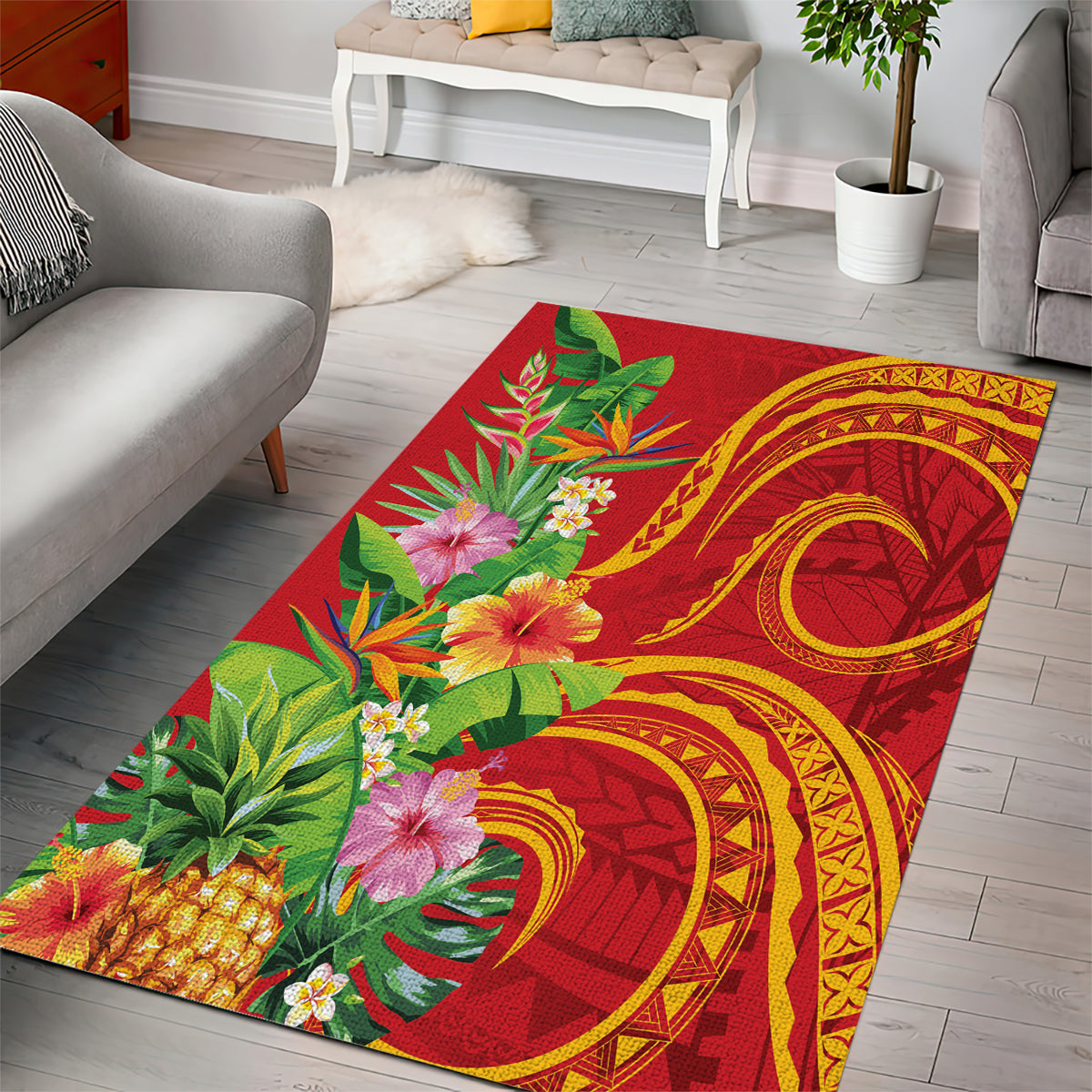 Polynesian Tribal Flower Tattoo Area Rug Special Vermilion Vibe