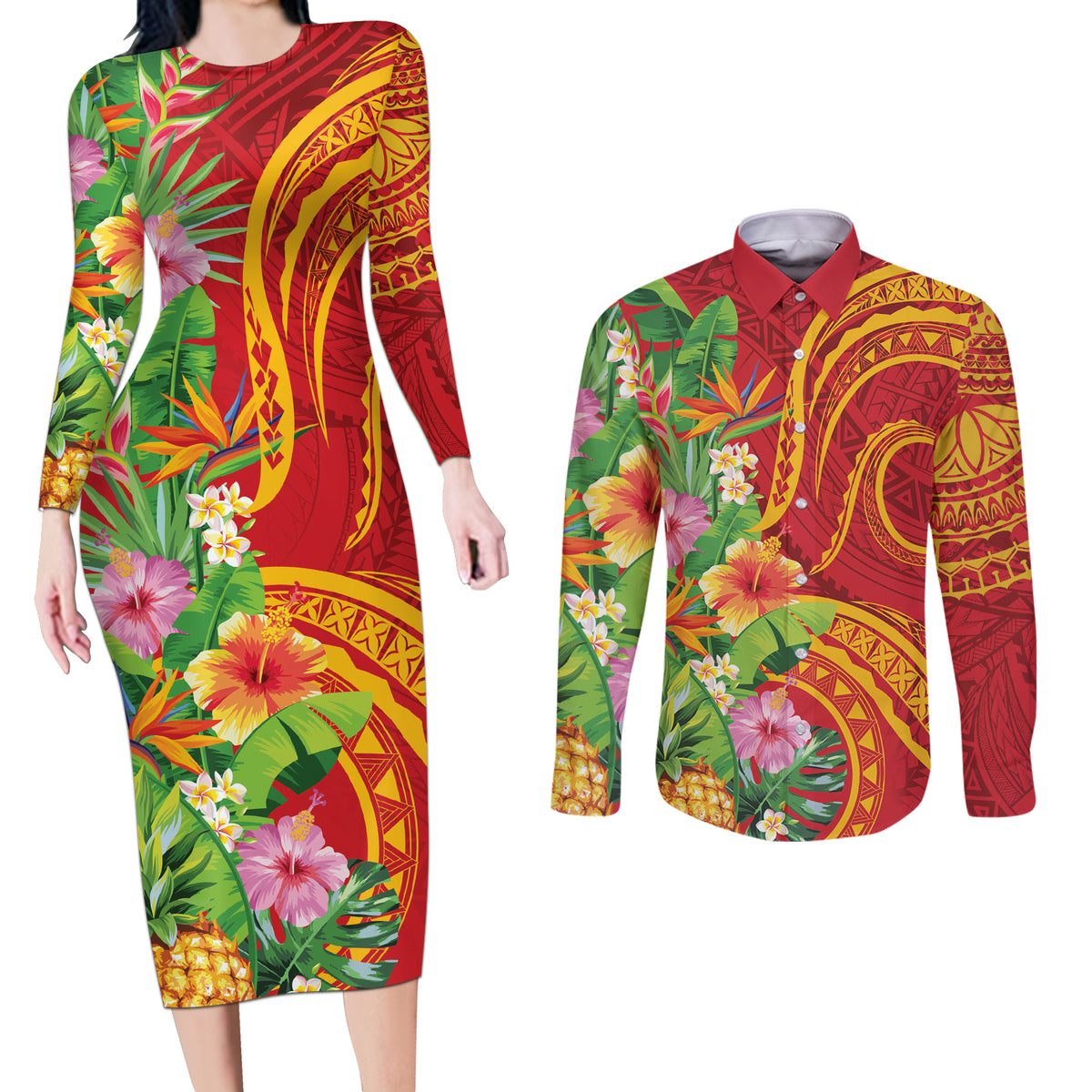 Polynesian Tribal Flower Tattoo Couples Matching Long Sleeve Bodycon Dress and Long Sleeve Button Shirt Special Vermilion Vibe
