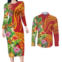 Polynesian Tribal Flower Tattoo Couples Matching Long Sleeve Bodycon Dress and Long Sleeve Button Shirt Special Vermilion Vibe