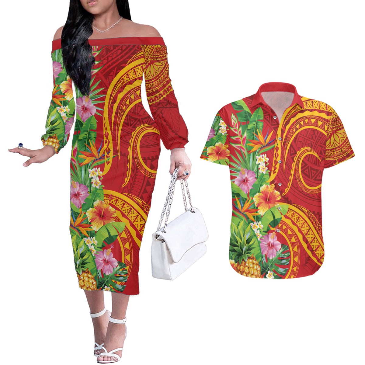 Polynesian Tribal Flower Tattoo Couples Matching Off The Shoulder Long Sleeve Dress and Hawaiian Shirt Special Vermilion Vibe