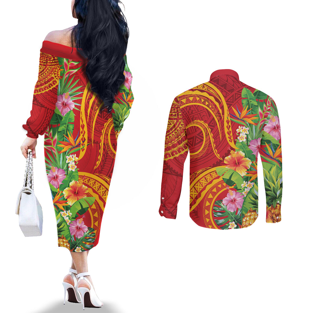 Polynesian Tribal Flower Tattoo Couples Matching Off The Shoulder Long Sleeve Dress and Long Sleeve Button Shirt Special Vermilion Vibe