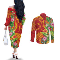 Polynesian Tribal Flower Tattoo Couples Matching Off The Shoulder Long Sleeve Dress and Long Sleeve Button Shirt Special Vermilion Vibe