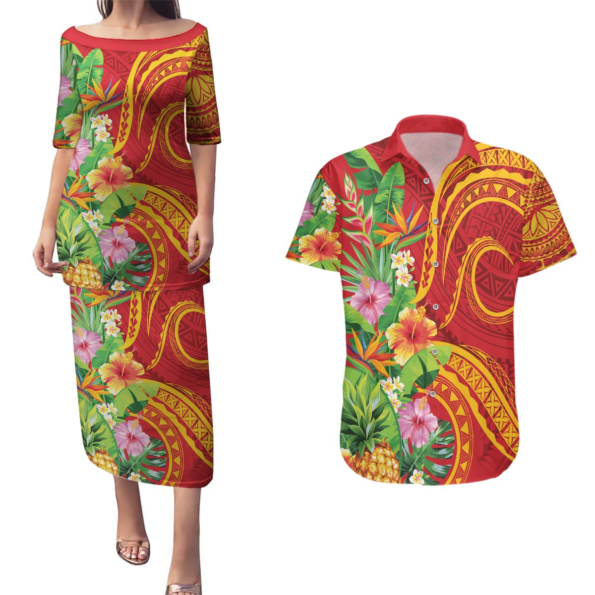 Polynesian Tribal Flower Tattoo Couples Matching Puletasi and Hawaiian Shirt Special Vermilion Vibe