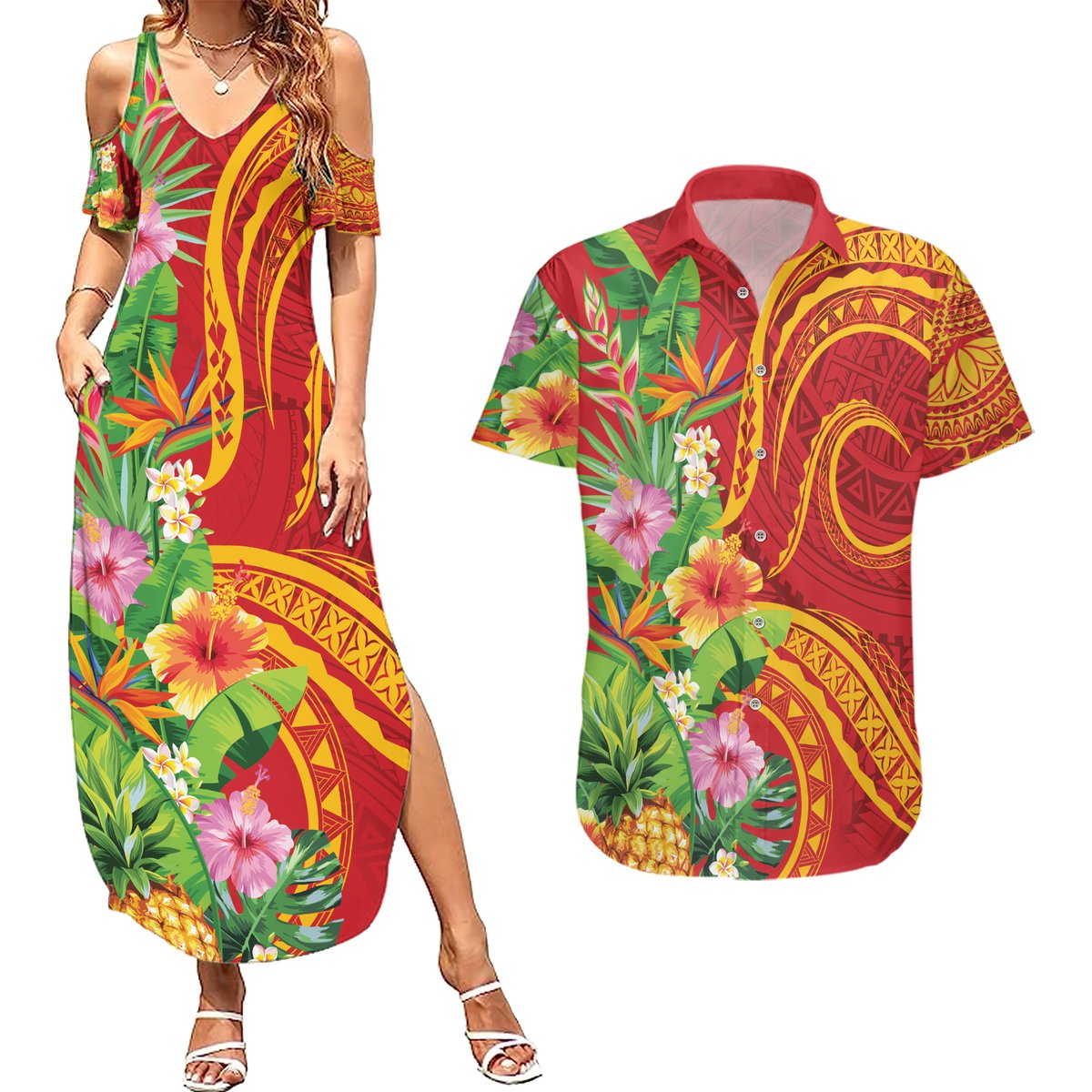 Polynesian Tribal Flower Tattoo Couples Matching Summer Maxi Dress and Hawaiian Shirt Special Vermilion Vibe
