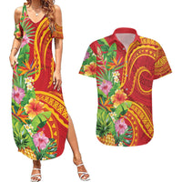 Polynesian Tribal Flower Tattoo Couples Matching Summer Maxi Dress and Hawaiian Shirt Special Vermilion Vibe