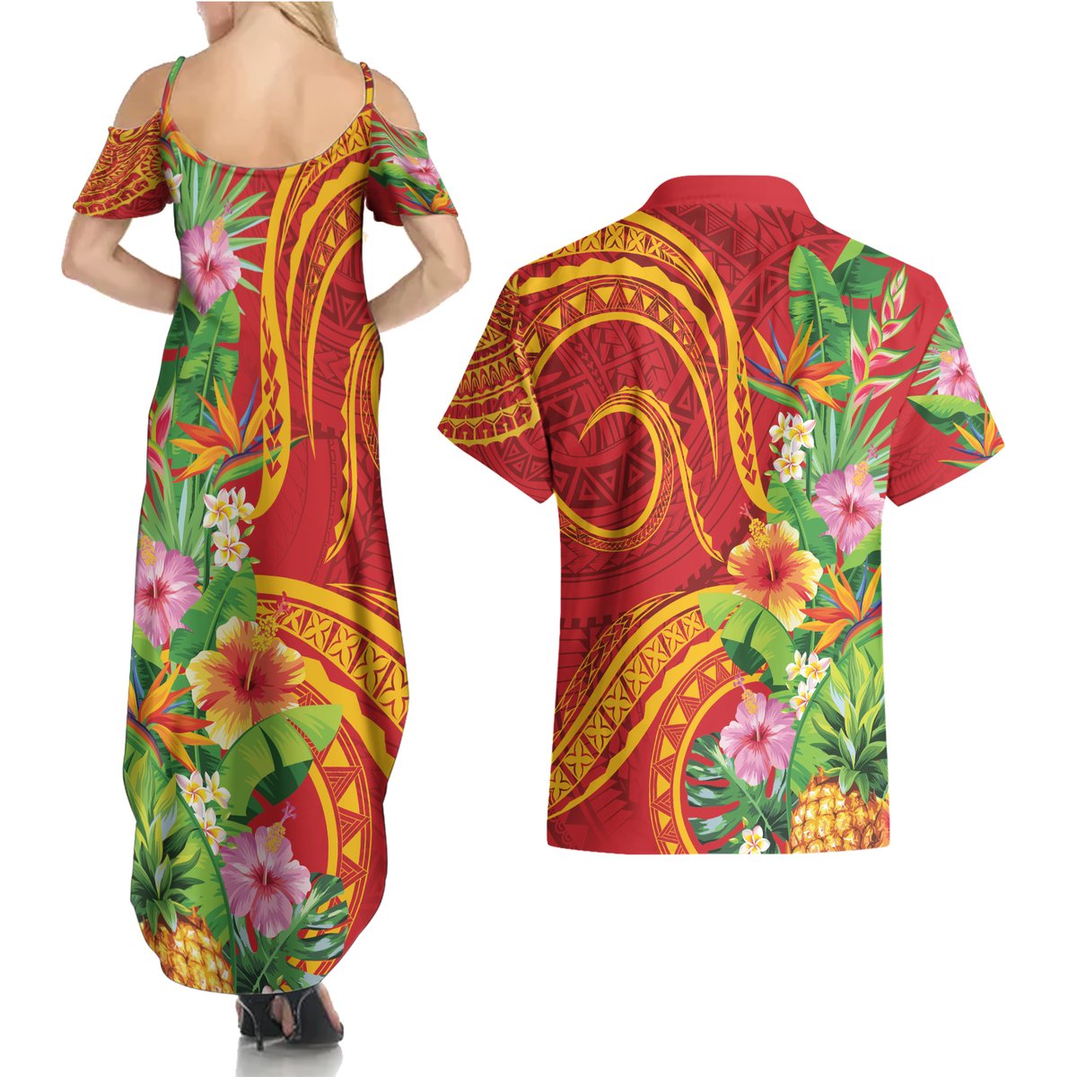 Polynesian Tribal Flower Tattoo Couples Matching Summer Maxi Dress and Hawaiian Shirt Special Vermilion Vibe