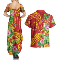 Polynesian Tribal Flower Tattoo Couples Matching Summer Maxi Dress and Hawaiian Shirt Special Vermilion Vibe
