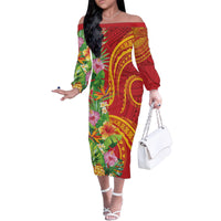 Polynesian Tribal Flower Tattoo Family Matching Off The Shoulder Long Sleeve Dress and Hawaiian Shirt Special Vermilion Vibe